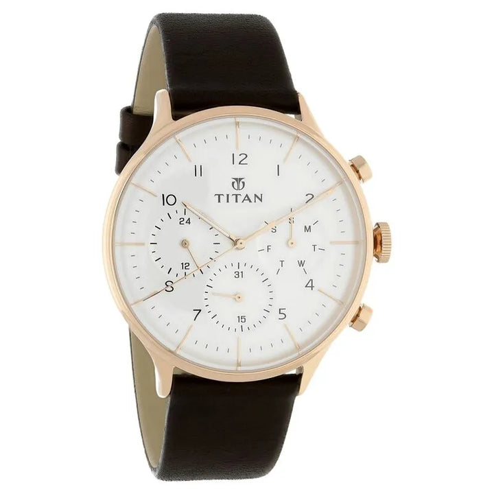 Titan Quartz Multifunction White Dial Leather Strap Men&