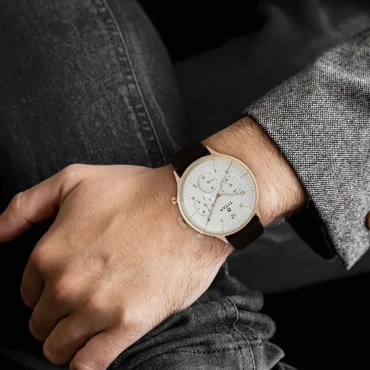 Titan Quartz Multifunction White Dial Leather Strap Men&