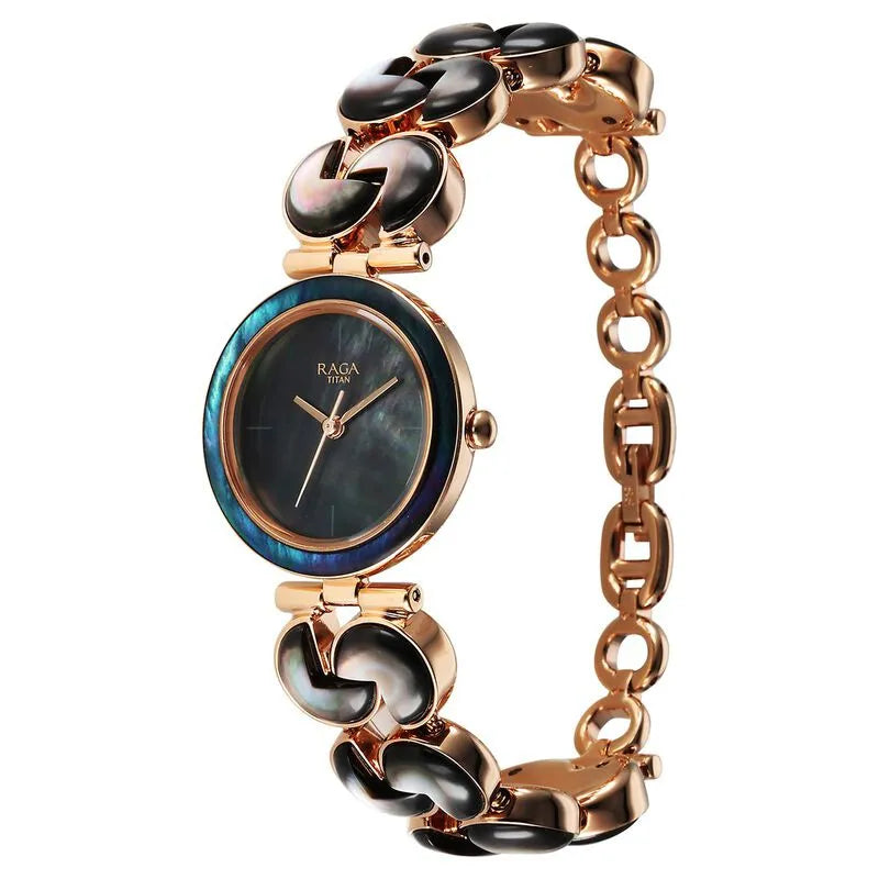 Titan Raga Black Pearl Quartz Analog Mother Of Pearl Dial Metal Strap Watch For Women