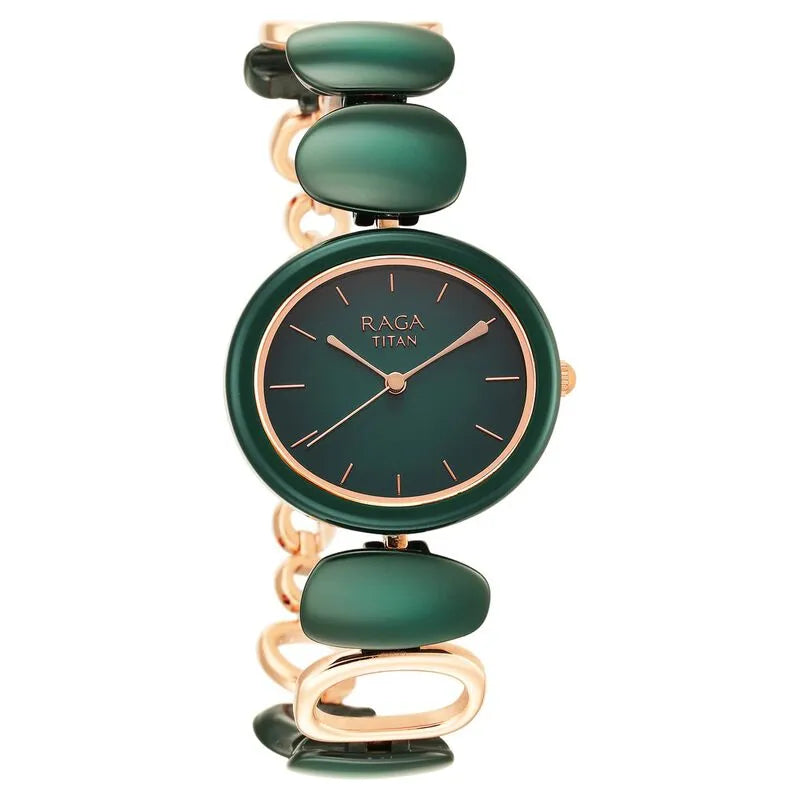 Titan Raga Ceramics Green Dial Analog Metal Strap Women&