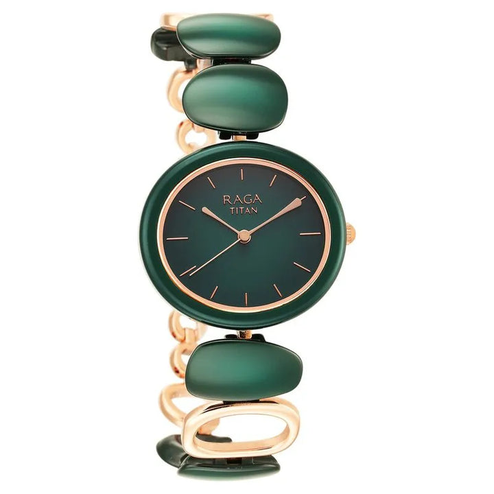 Titan Raga Ceramics Green Dial Analog Metal Strap Women&