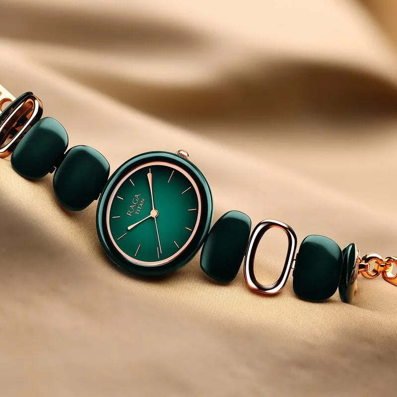 Titan Raga Ceramics Green Dial Analog Metal Strap Women&