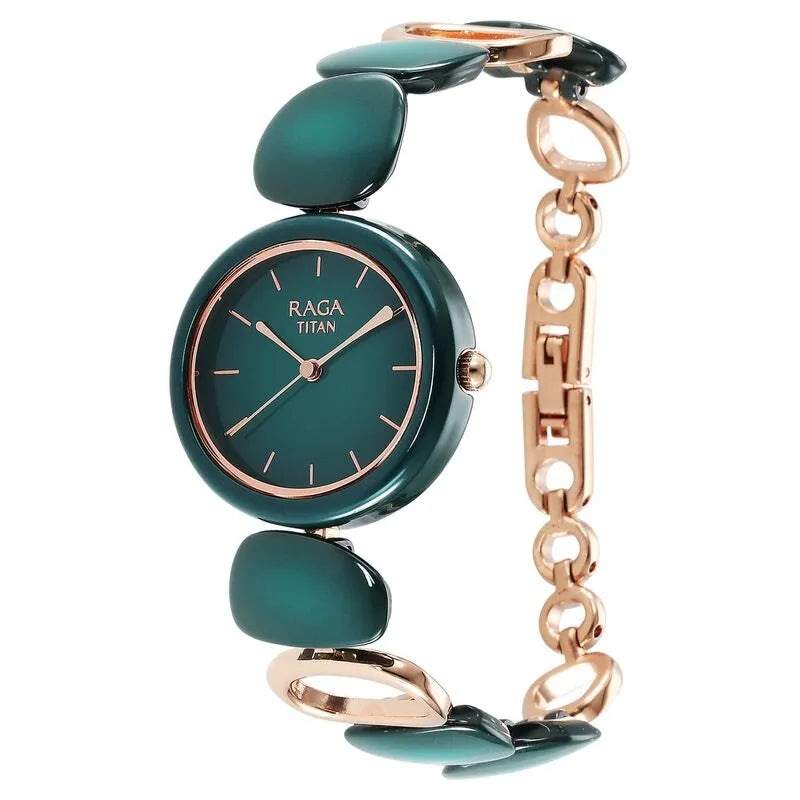 Titan Raga Ceramics Green Dial Analog Metal Strap Women&