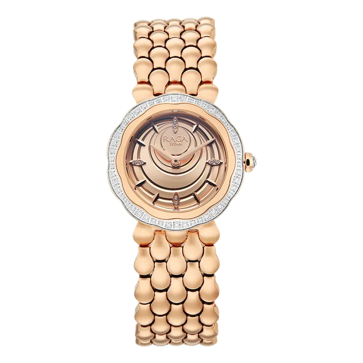 Titan Raga Paris, with Love Quartz Analog Rose Gold Dial Red Stainless Steel Strap Watch For Women 2838wm01