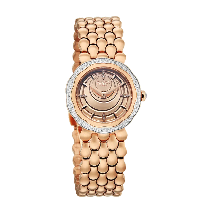 Titan Raga Paris, with Love Quartz Analog Rose Gold Dial Red Stainless Steel Strap Watch For Women 2838wm01