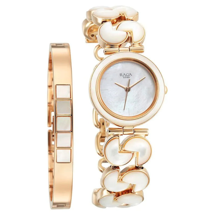 Titan Raga Power Pearls Quartz Analog Mother of Pearl Round Dial Rose Gold Metal Strap Watch for Women