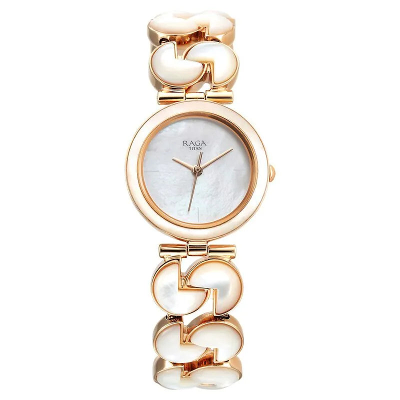 Titan Raga Power Pearls Quartz Analog Mother of Pearl Round Dial Rose Gold Metal Strap Watch for Women
