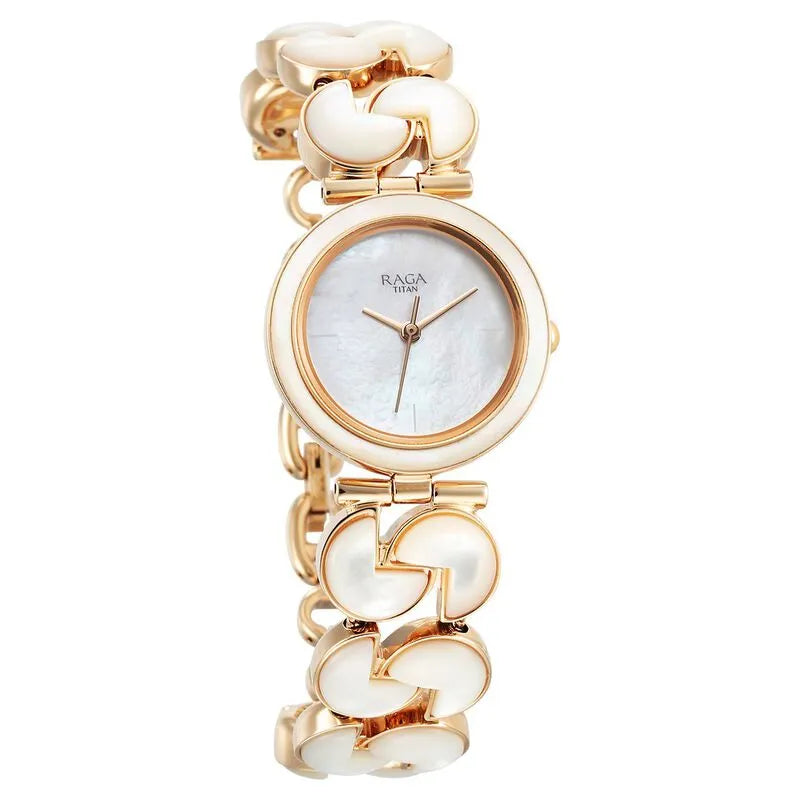 Titan Raga Power Pearls Quartz Analog Mother of Pearl Round Dial Rose Gold Metal Strap Watch for Women