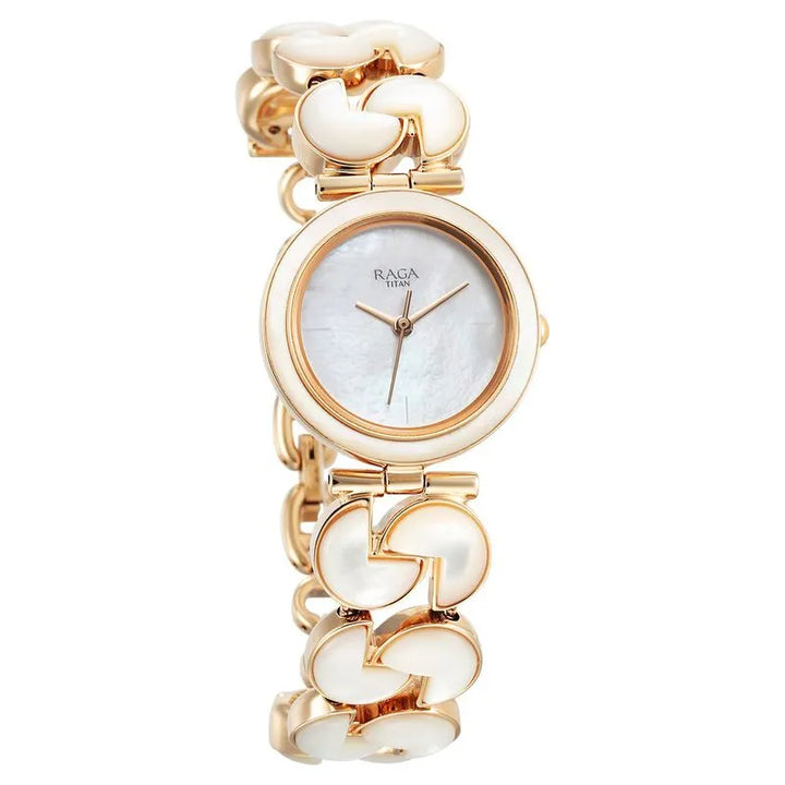 Titan Raga Power Pearls Quartz Analog Mother of Pearl Round Dial Rose Gold Metal Strap Watch for Women