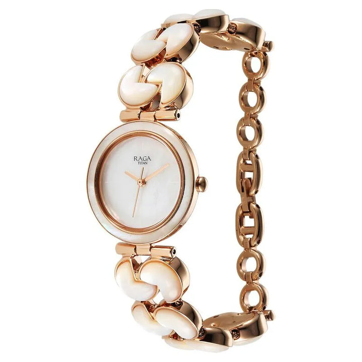 Titan Raga Power Pearls Quartz Analog Mother of Pearl Round Dial Rose Gold Metal Strap Watch for Women