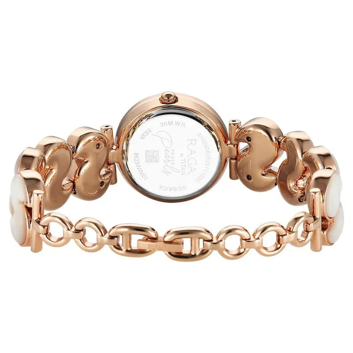 Titan Raga Power Pearls Quartz Analog Mother of Pearl Round Dial Rose Gold Metal Strap Watch for Women