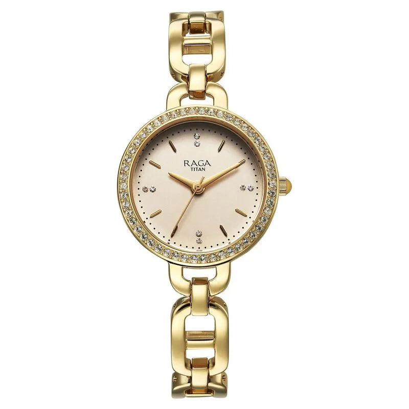 Titan Raga Showstopper Quartz Analog Golden Dial Metal Strap Watch for Women