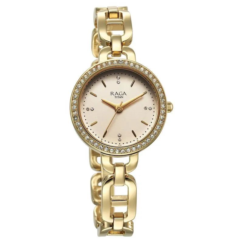 Titan Raga Showstopper Quartz Analog Golden Dial Metal Strap Watch for Women