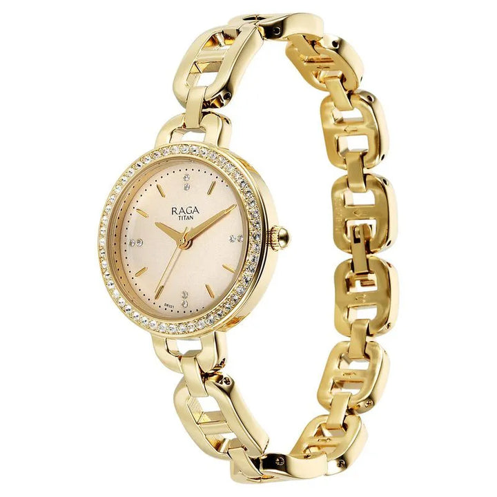 Titan Raga Showstopper Quartz Analog Golden Dial Metal Strap Watch for Women