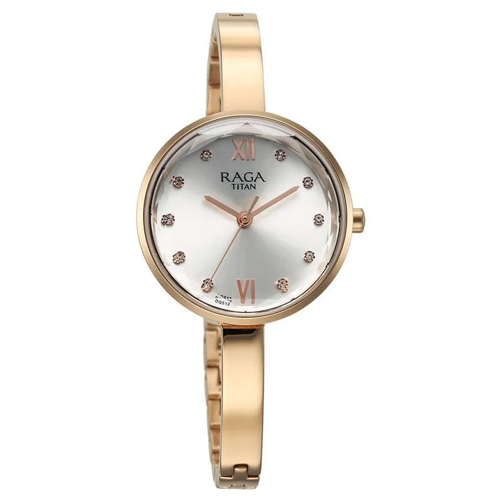 Titan Raga Showstopper Quartz Analog Silver Dial Rose Gold Metal Strap Women&