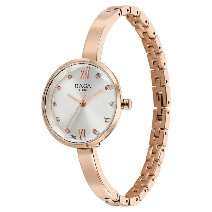 Titan Raga Showstopper Quartz Analog Silver Dial Rose Gold Metal Strap Women&