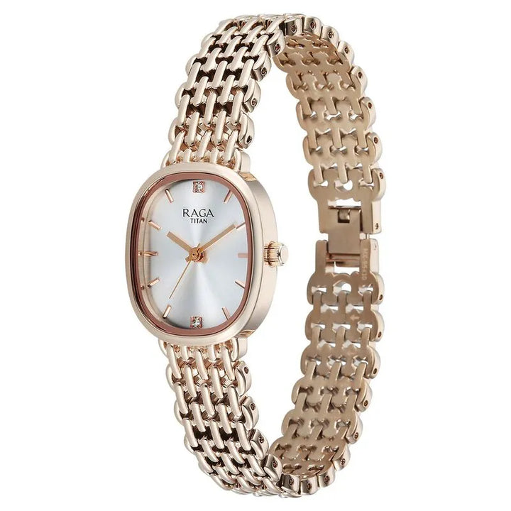 Titan Raga Spotlight 95430wm01 Quartz Analog Silver Dial Rose Gold Metal Strap Women&