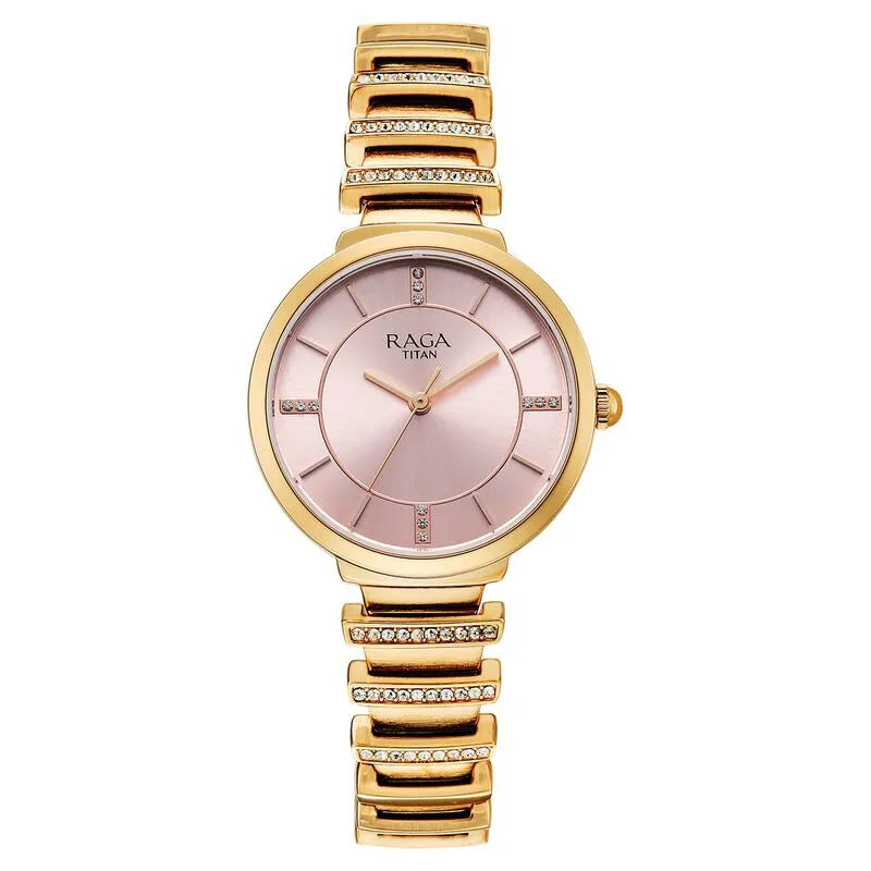 Titan Raga Spotlight 95431wm01 Quartz Analog Pink Dial Rose Gold Metal Strap Women&