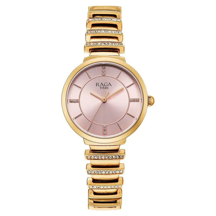 Titan Raga Spotlight 95431wm01 Quartz Analog Pink Dial Rose Gold Metal Strap Women&