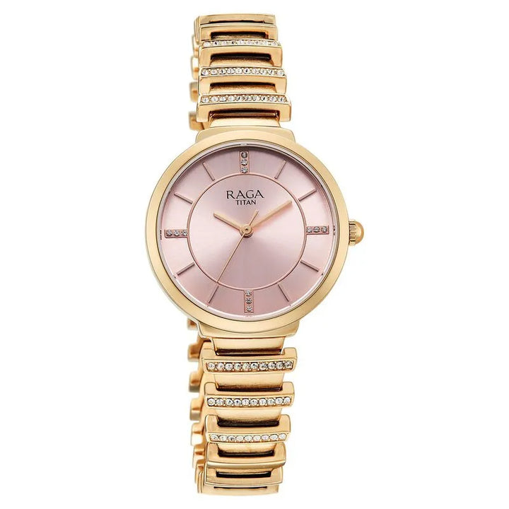Titan Raga Spotlight 95431wm01 Quartz Analog Pink Dial Rose Gold Metal Strap Women&