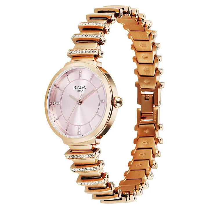 Titan Raga Spotlight 95431wm01 Quartz Analog Pink Dial Rose Gold Metal Strap Women&