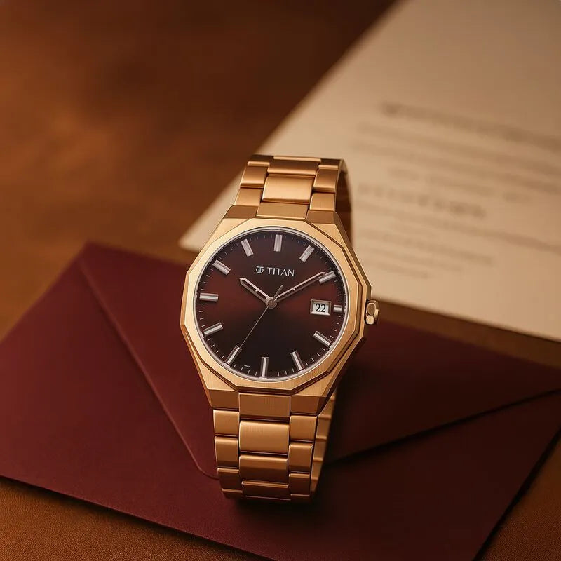 Titan Regalia Dodecagon Quartz Analog with Date Brown Dial Rose Gold Stainless Steel Strap Men&