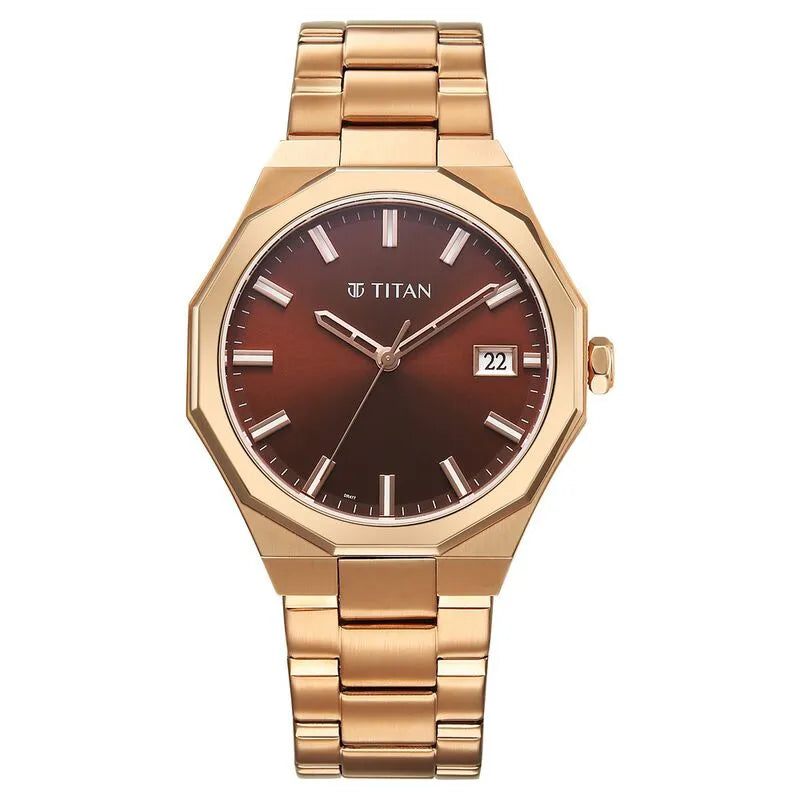 Titan Regalia Dodecagon Quartz Analog with Date Brown Dial Rose Gold Stainless Steel Strap Men&