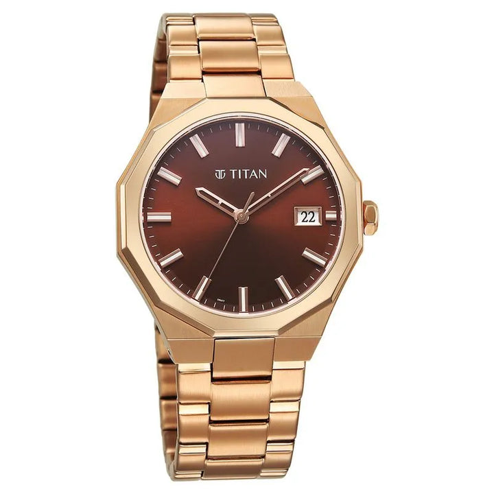 Titan Regalia Dodecagon Quartz Analog with Date Brown Dial Rose Gold Stainless Steel Strap Men&