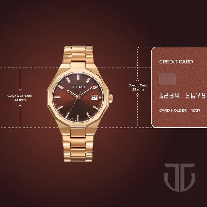 Titan Regalia Dodecagon Quartz Analog with Date Brown Dial Rose Gold Stainless Steel Strap Men&