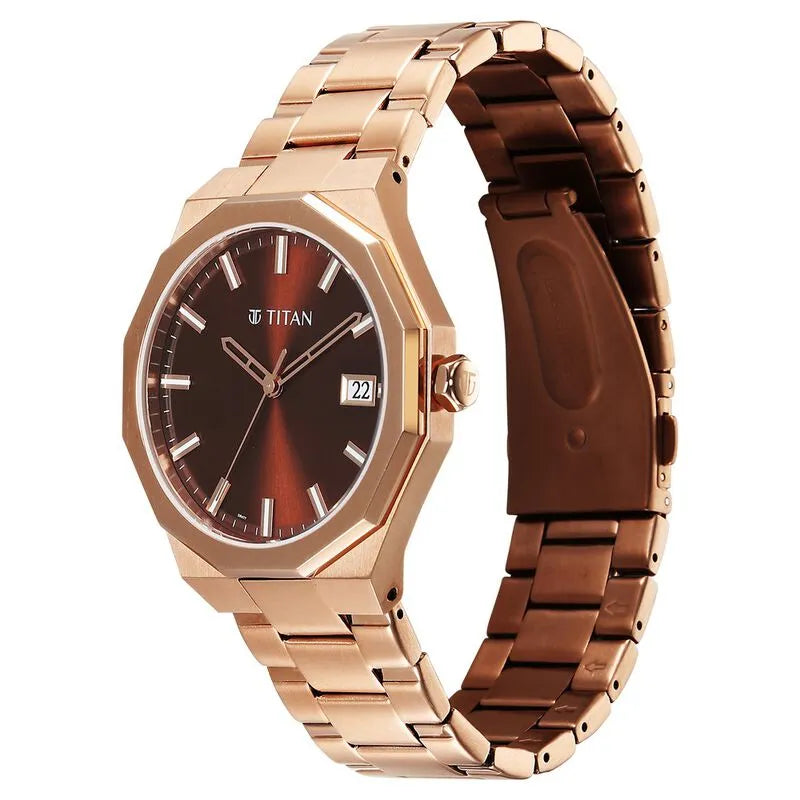 Titan Regalia Dodecagon Quartz Analog with Date Brown Dial Rose Gold Stainless Steel Strap Men&