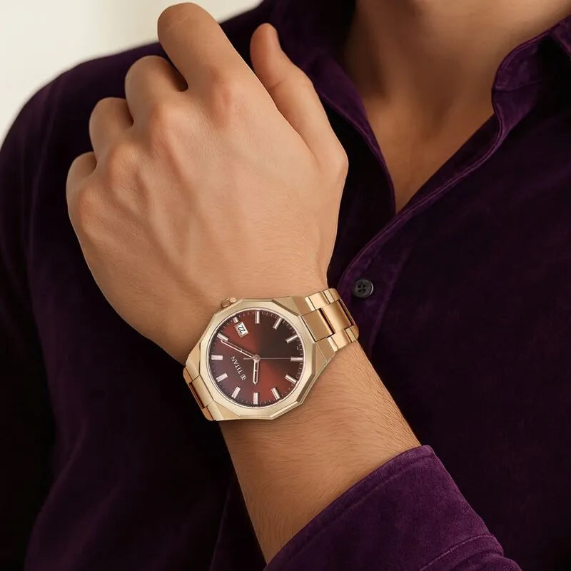 Titan Regalia Dodecagon Quartz Analog with Date Brown Dial Rose Gold Stainless Steel Strap Men&