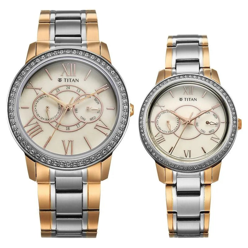 Titan Royal Bandhan Quartz Analog Day Date Pink Dial Two Toned Strap Couple Watch