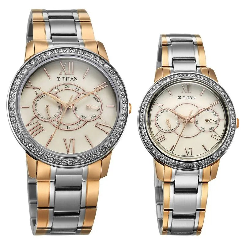 Titan Royal Bandhan Quartz Analog Day Date Pink Dial Two Toned Strap Couple Watch