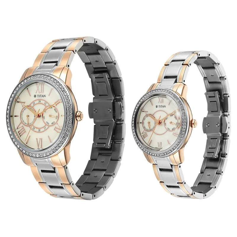 Titan Royal Bandhan Quartz Analog Day Date Pink Dial Two Toned Strap Couple Watch