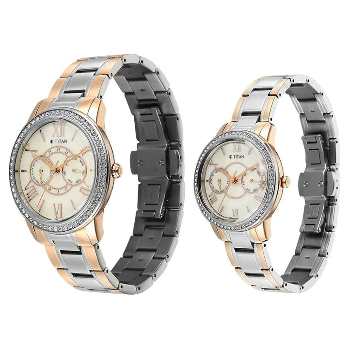 Titan Royal Bandhan Quartz Analog Day Date Pink Dial Two Toned Strap Couple Watch