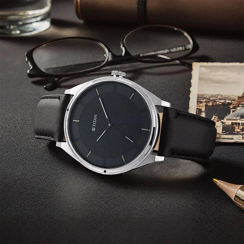 Titan Workwear Quartz Analog Black Dial Black Leather Strap Men&