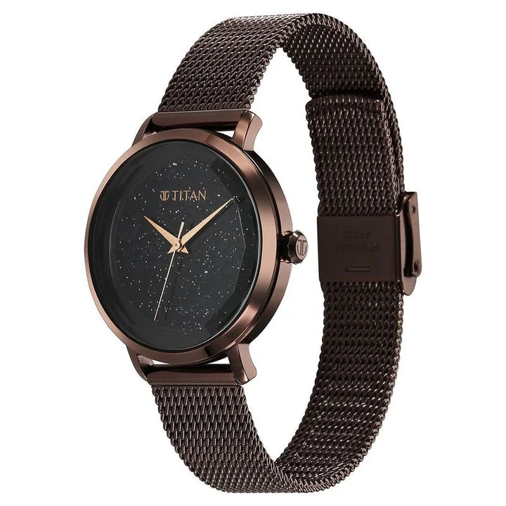 Titan Workwear Quartz Analog Black Dial Brown Stainless Steel Strap Women&