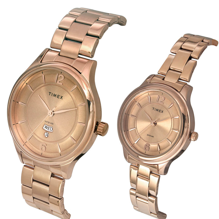 Timex Empera Pairs Rose Gold Dial Round Case Day Date/3 Hands Function Watch -TW00PR273