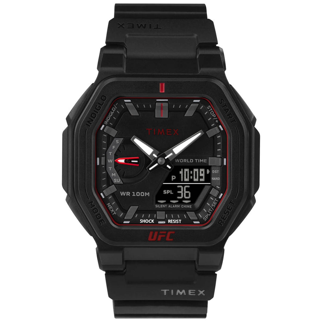 Timex UFC Strength Collection Premium Quality Men's Quartz Analog/Digital Black Dial Coloured Quartz Watch, Octogonal Dial With 45 Mm Case Width - TW2V55200X6