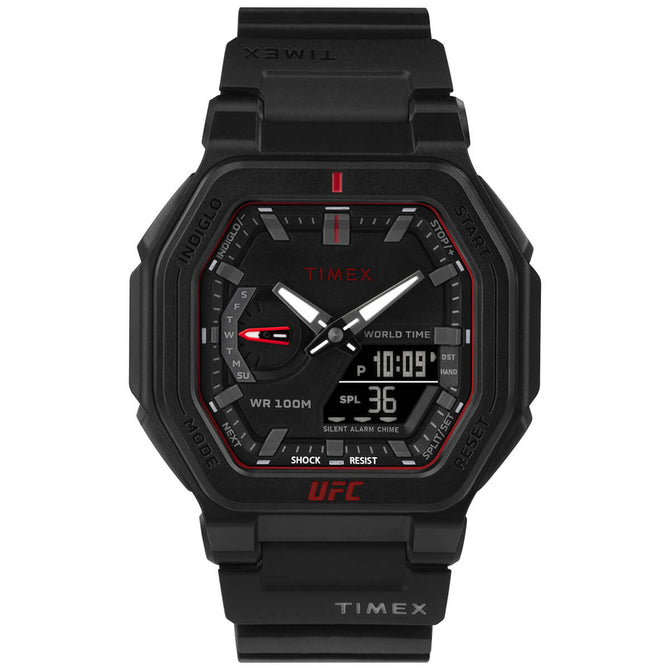 Timex UFC Strength Collection Premium Quality Men's Quartz Analog/Digital Black Dial Coloured Quartz Watch, Octogonal Dial With 45 Mm Case Width - TW2V55200X6