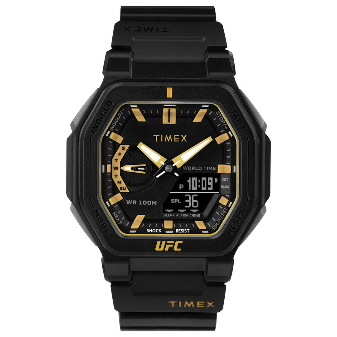 Timex UFC Strength Collection Premium Quality Men's Quartz Analog/Digital Black Dial Coloured Quartz Watch, Octogonal Dial With 45 Mm Case Width - TW2V55300X6