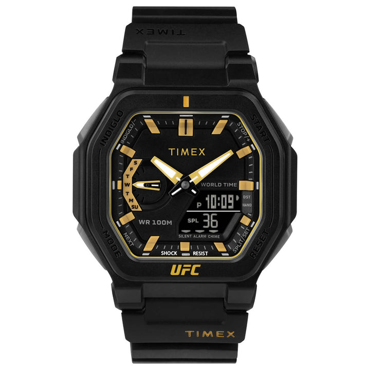 Timex UFC Strength Collection Premium Quality Men's Quartz Analog/Digital Black Dial Coloured Quartz Watch, Octogonal Dial With 45 Mm Case Width - TW2V55300X6