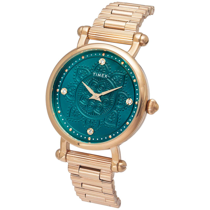 Timex Fria Women's Green Dial Round Case 2 Hands Function Watch -TWEL14303