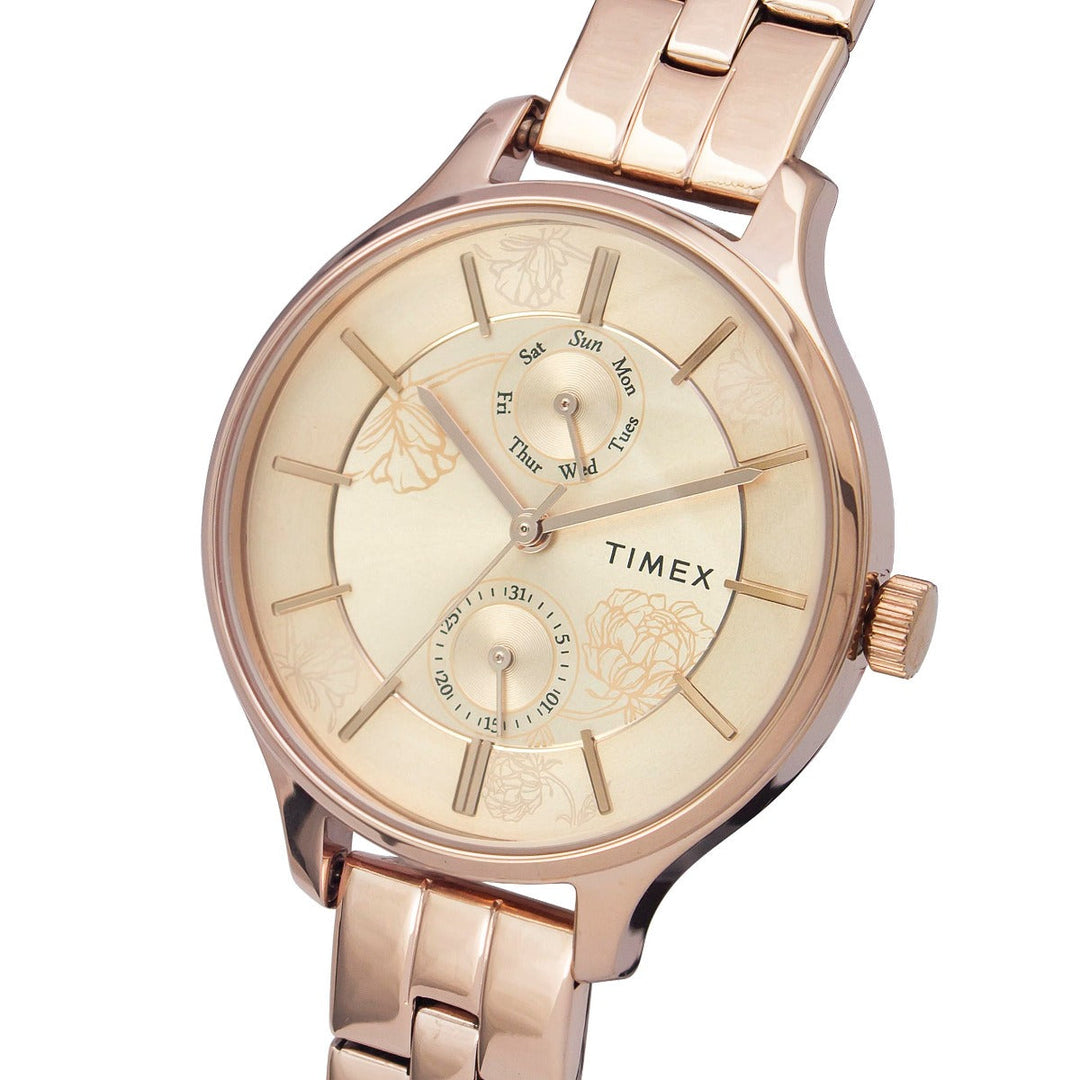 Timex Fashion Women's Rose Gold Dial Round Case Multifunction Function Watch -TWEL14803