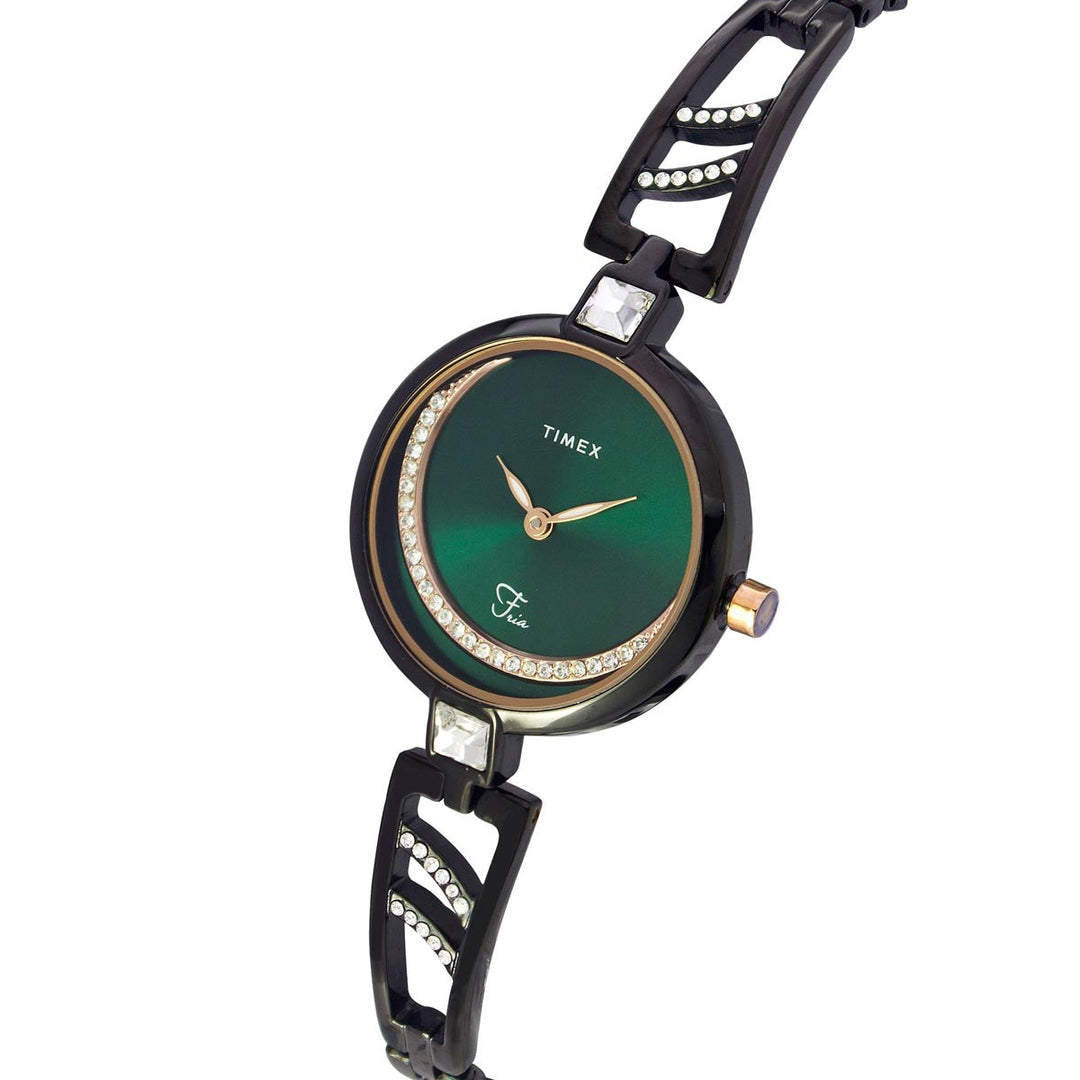 Timex Fria Women's Green Dial Round Case 2 Hands Function Watch -TWEL15203