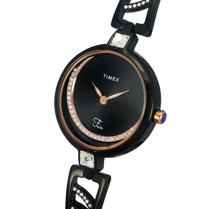 Timex Fria Women's Black Dial Round Case 2 Hands Function Watch -TWEL15205