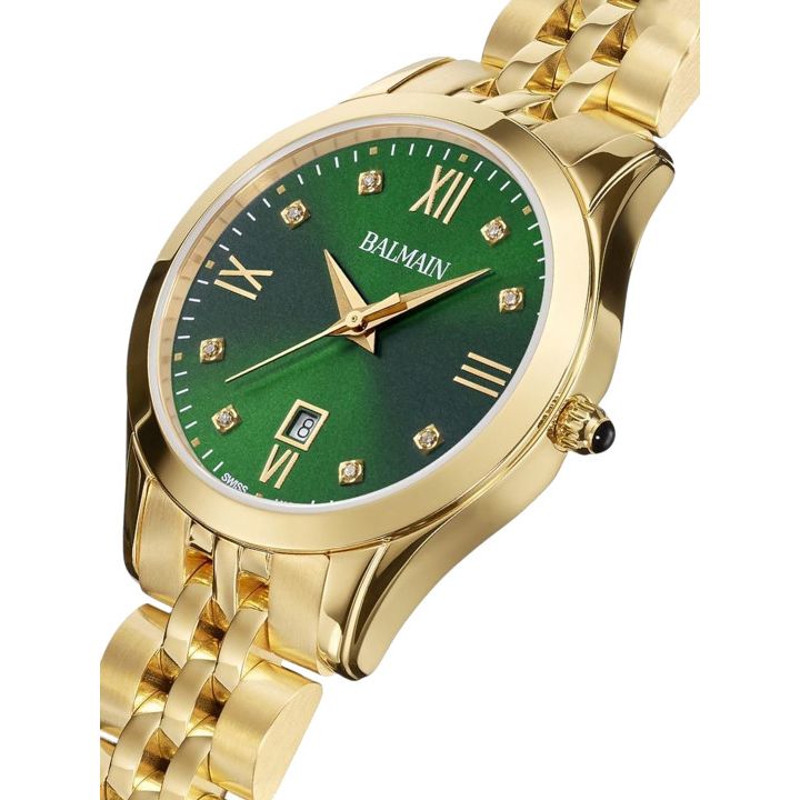 Balmain Women's Gold-Toned Stainless Steel Embellished Green Dial Analogue Watch