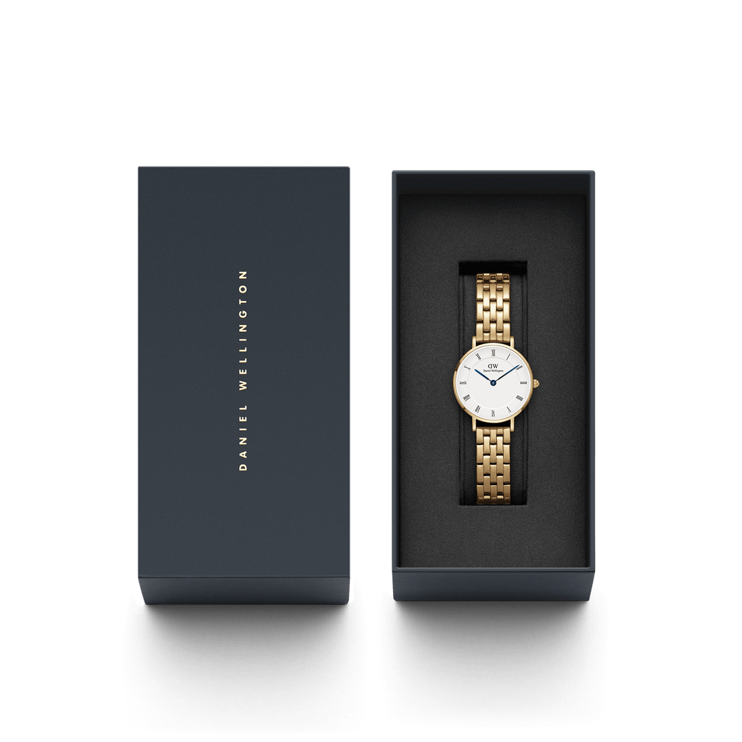 Elegant Petite Roman Numerals Watch - Gold 5-Link Strap Design