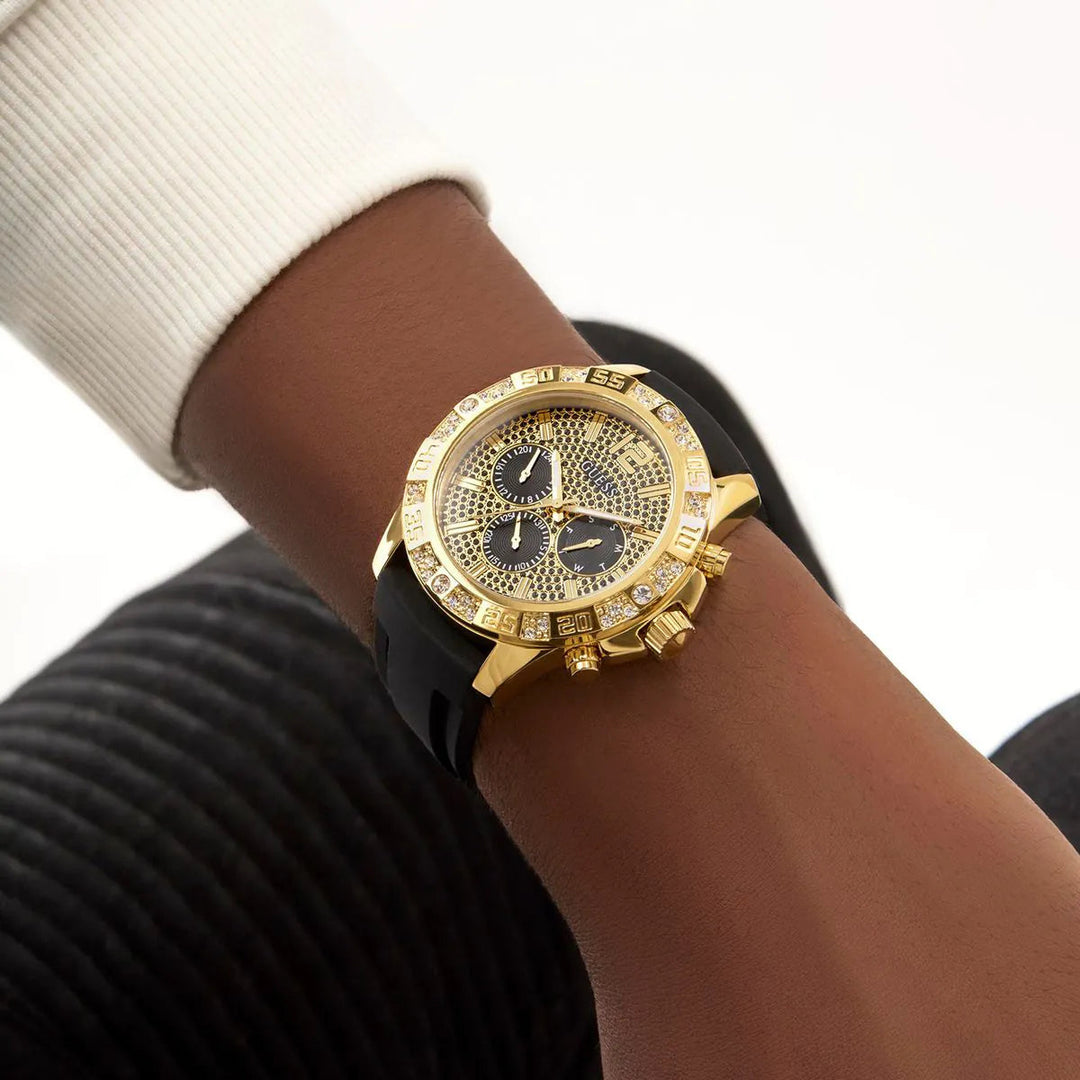 GUESS Mens Black Gold Tone Multi-function Watch GW0909G2