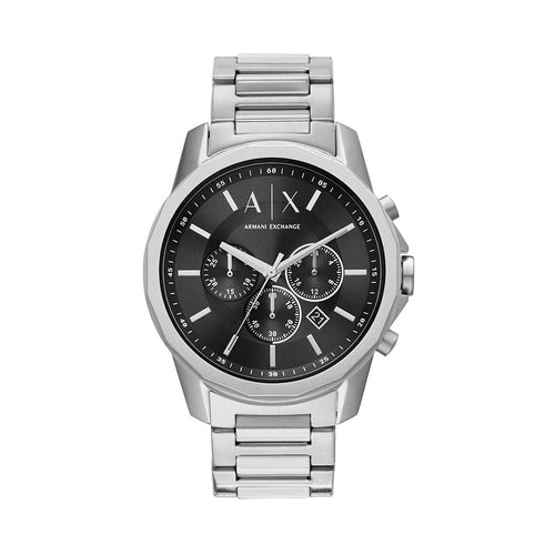 Armani Exchange AX1720 men's 44mm watch with black chronograph dial and silver stainless steel bracelet.